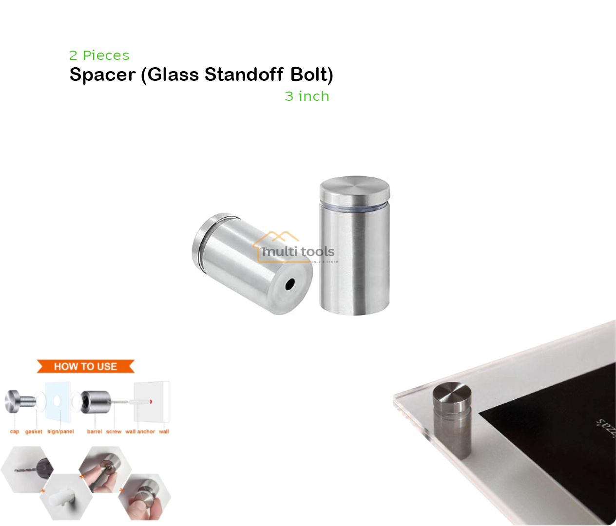 2 Pecs Spacer 3-Inch (Glass Standoff Bolt) 
